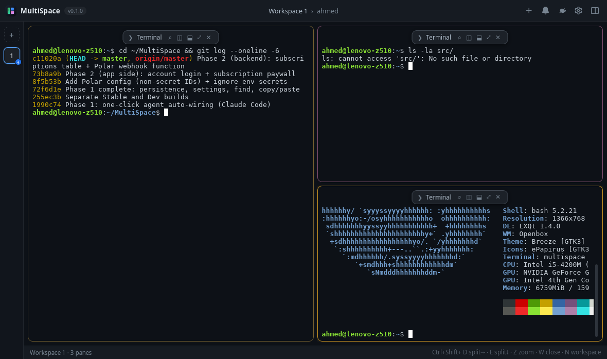 MultiSpace with three terminal panes